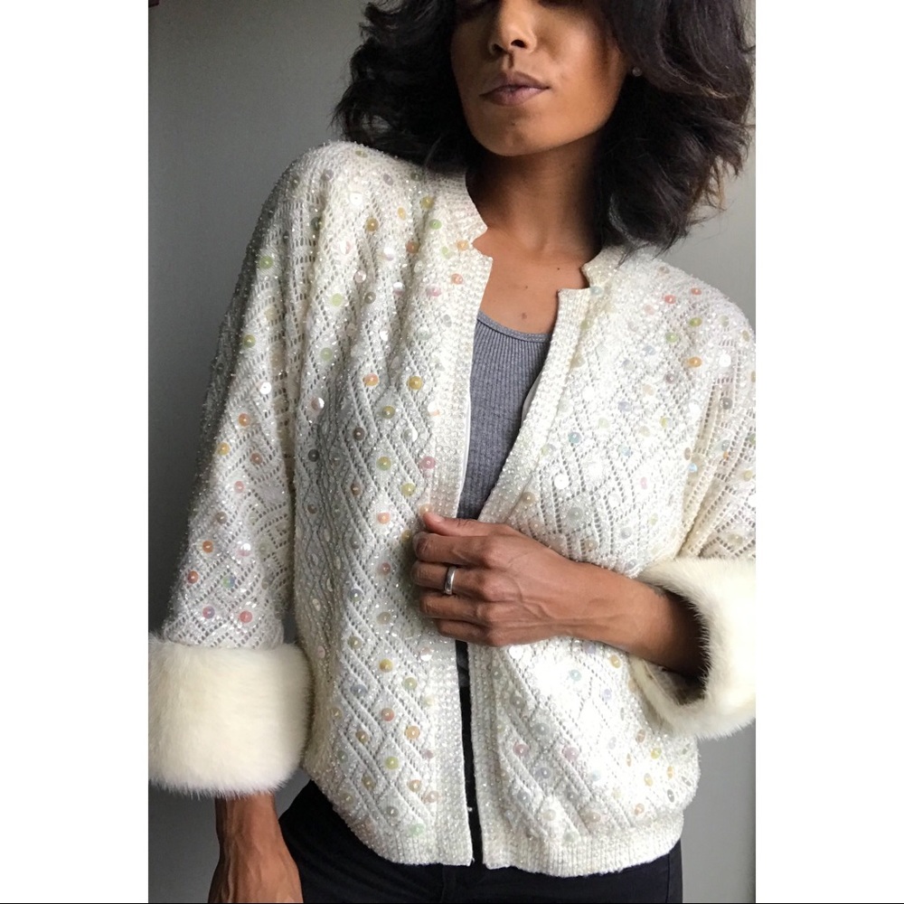 Vintage 1950s Gladys Thompson Sequin Wool Jacket with Fur Cuffs